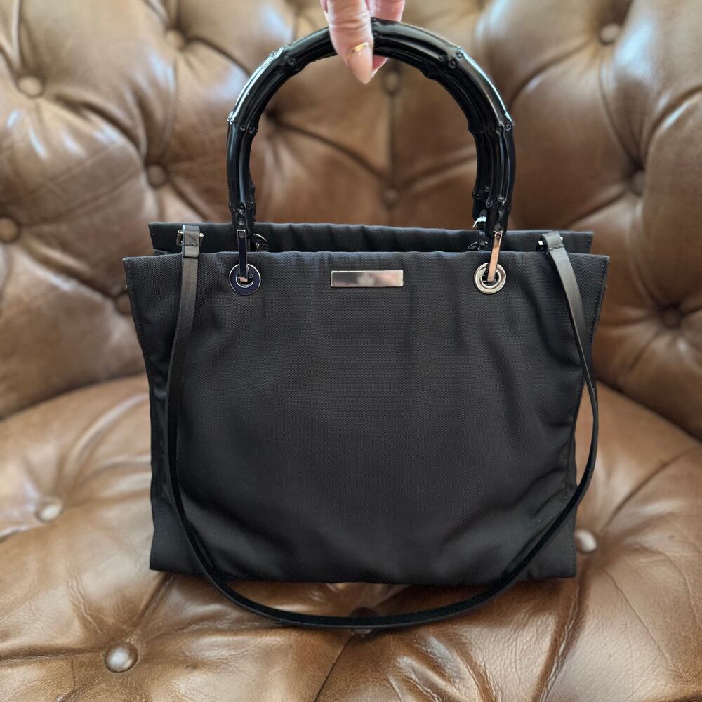Vintage Gucci Bamboo Handle Nylon Tote Black 2-Way Shoulder Bag 002-1016